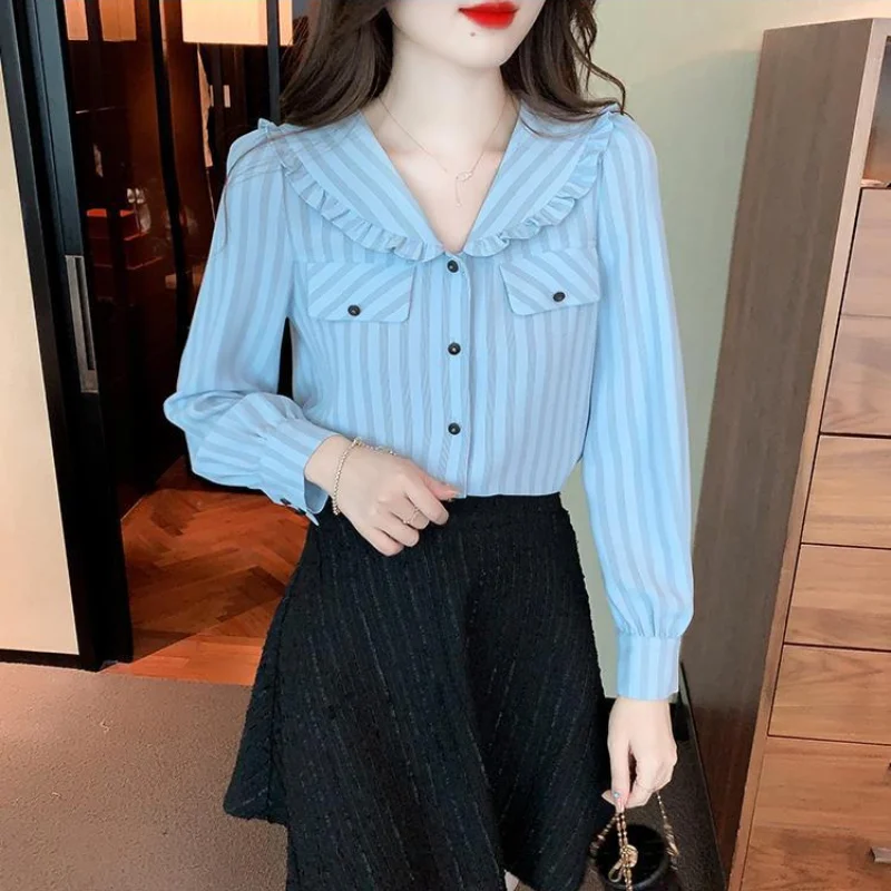 2023 Spring New Striped Peter Pan Collar Fashion Casual Korean Version Women\'s Clothing Loose Spliced Button Commute Blouse