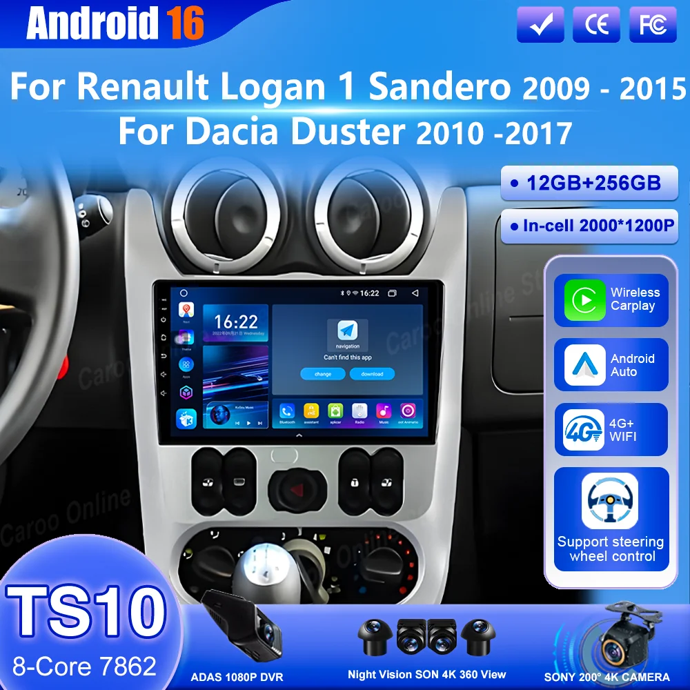 Android 16 For Renault Logan 1 Sandero 2009 -2015 For Dacia Duster 2010 -2017 Auto Car DVD Carplay Multimedia Video Player WIFI