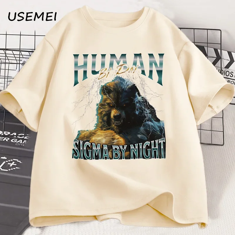 

Human By Day Sigma By Night 90s Graphic T Shirt Funny Meme Y2K Tee Vintage Werewolf TShirt Loose Cotton Short Sleeve Tshirt Tops