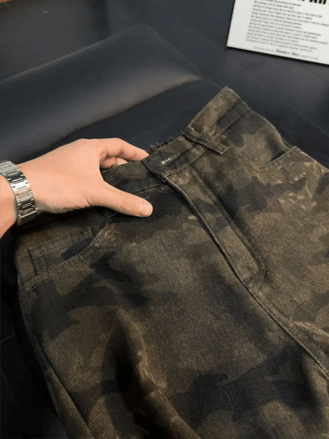 Retro American Camouflage Slim Fit Men's Jeans Spring Summer Trendy Workwear Straight Leg Long Trousers Youth Casual Wear