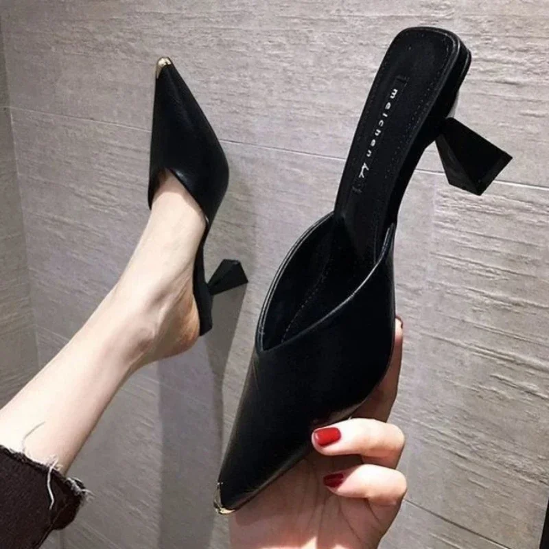 Summer 2024 Black Slides Mules Women\'s Slippers and Ladies Sandals 5cm High Heel Shoes Pu Leather Pointed Toe Casual Slippers