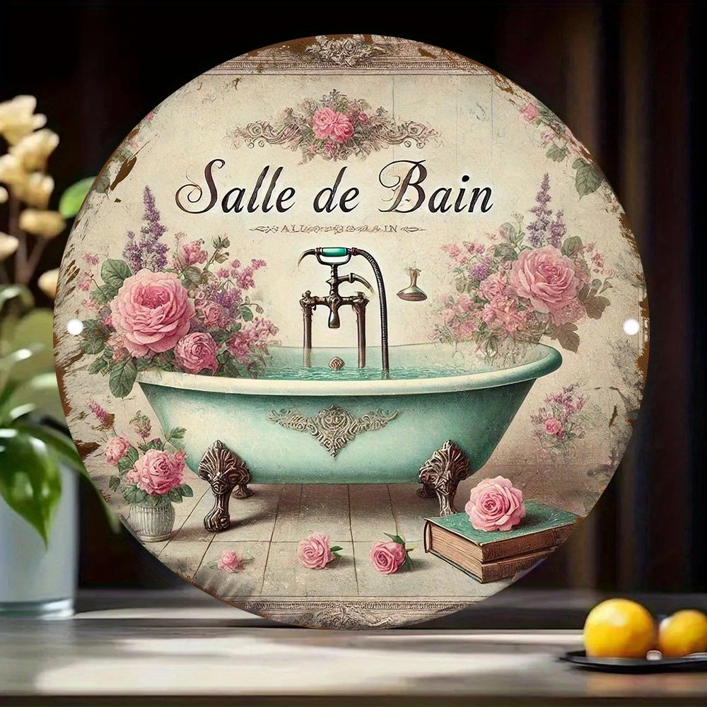 2D Pink Flower 8-Inch Round Wooden Wall Plaque Romantic Dormitory Bathroom Signboard Home Decor Art Hang Plate