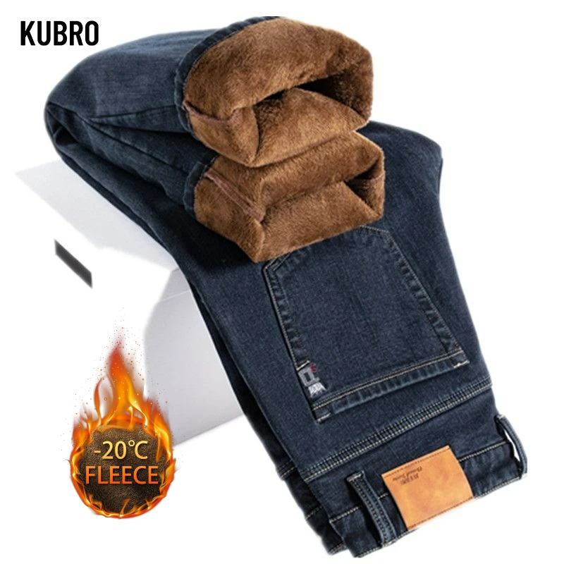 Осень-зима, теплые мужские джинсы, флисовые утолщенные эластичные черные, синие деловые прямые повседневные джинсовые брюки, брендовая мужская плюшевая одежда