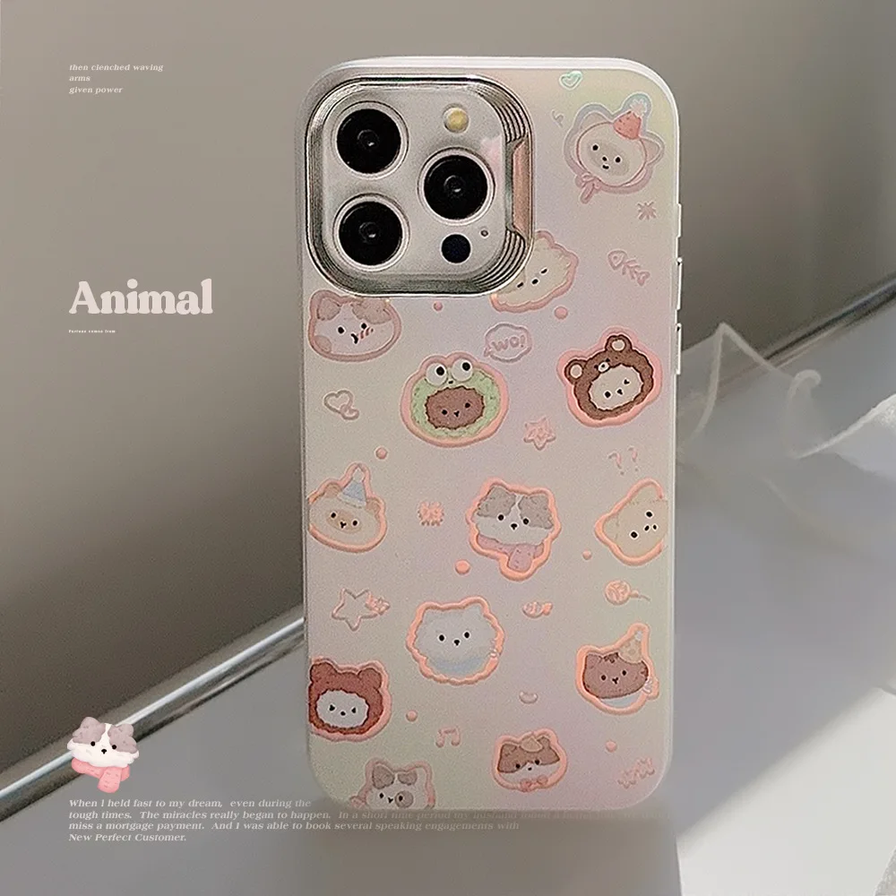 Cute animal laser cartoon cat dog puppy bear ins shockproof shell for iphone 11 12 13 promax 14 15 pro max plus phone case