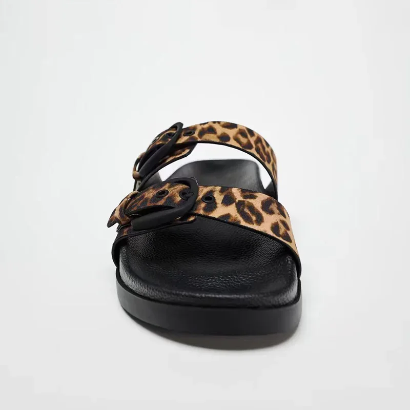 Zapatillas de plataforma para mujer, zapatos Retro con estampado de leopardo, doble hebilla, suela gruesa, toboganes de playa, talla grande, moda