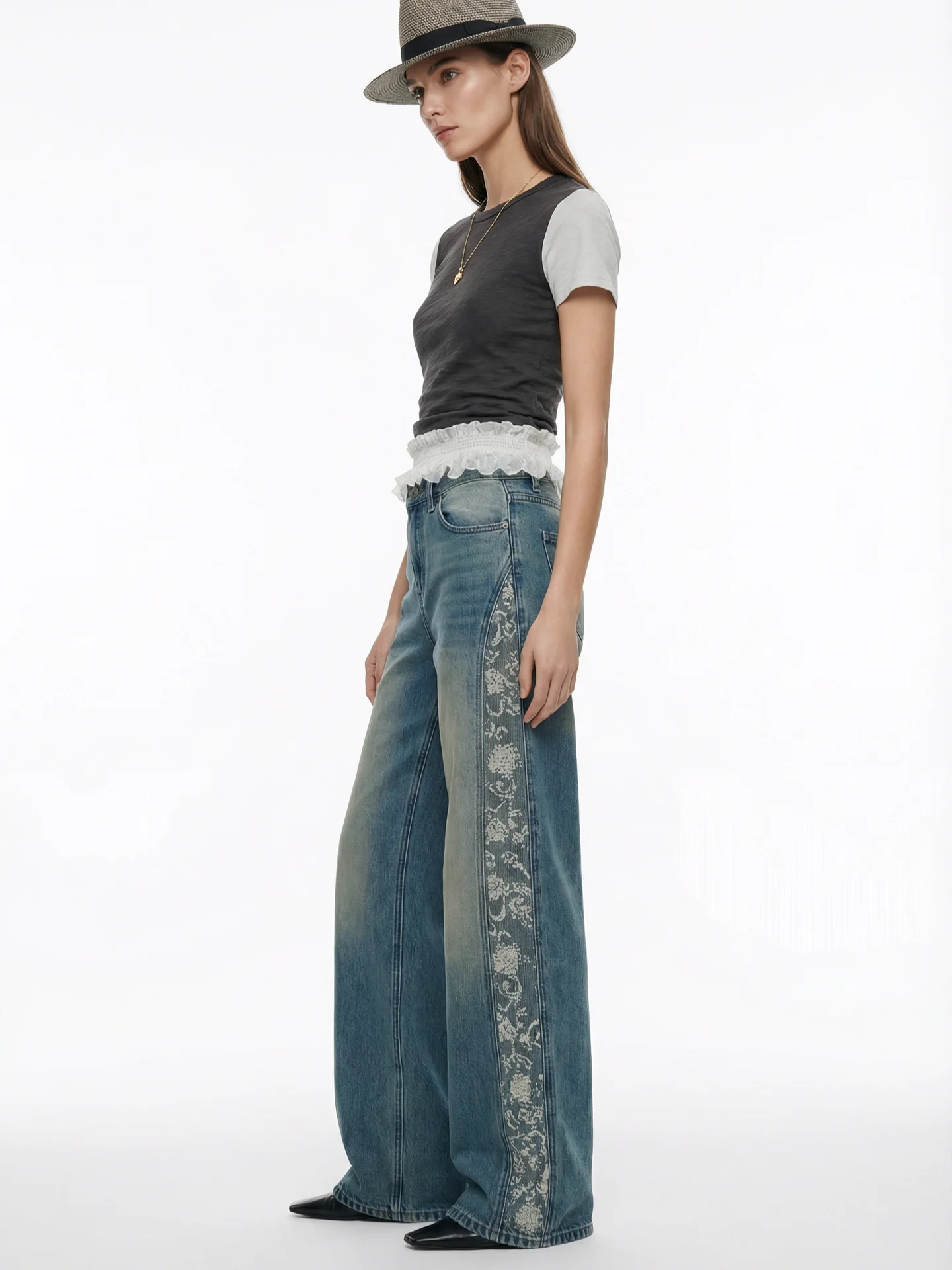 

Джинсы женские с высокой талией и боковым принтом, цвет хаки, винтажные, широкие штанины, из хлопка со стрейчем, оригинальный цвет, модель Lazy Wa