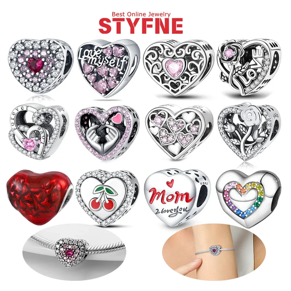 

925 Sterling Silver Charms Beads Love Heart Pink Zircon Charms Beads Fit Woman Bracelet Necklace Jewelry Charms DIY Gift