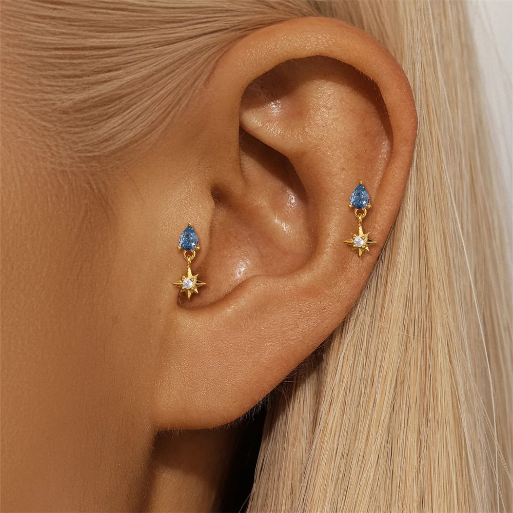 ROXI 925 Sterling Silver Blue WaterDrop/Horse eye/Eight Pointed Star Zircon Earring Set For Women 3 piece Earring Party Jewelry
