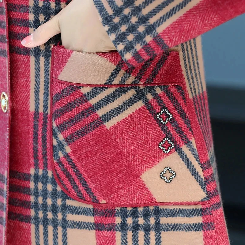 Fashion Women\'s Woolen Coat Tops 2022 New Spring Autumn Suit Collar Plaid Jacket Middle-Aged Elderly Woman woolen coat Outerwear