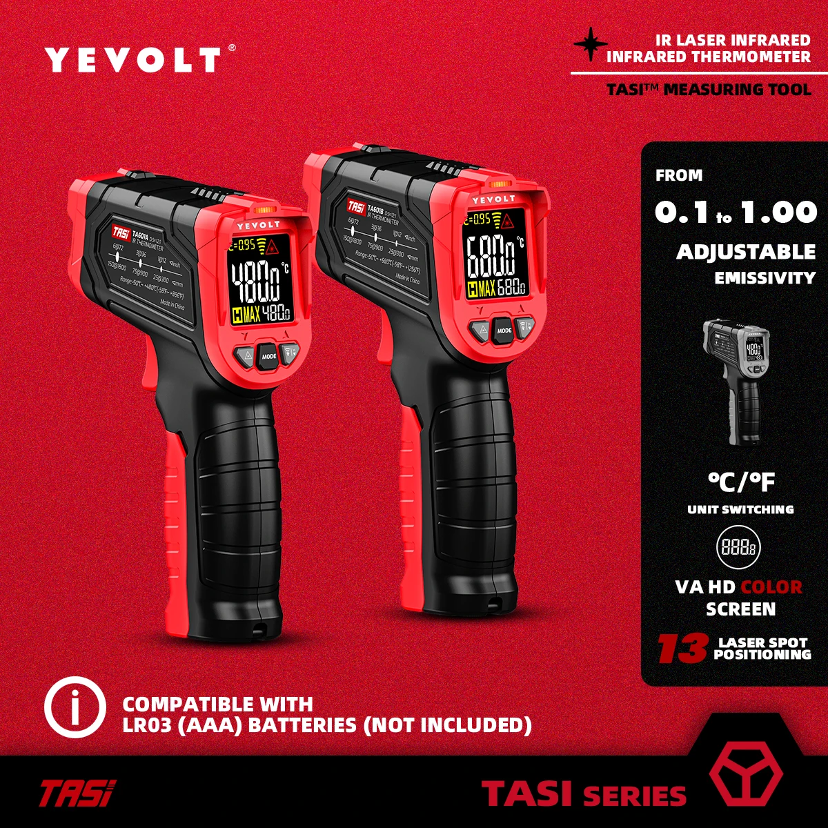 YEVOLT Seria TA601 Cyfrowy termometr na podczerwień Ręczny bezdotykowy laserowy termometr na podczerwień Temperatura Punkt pistoletu Kolorowy ekran VA HD