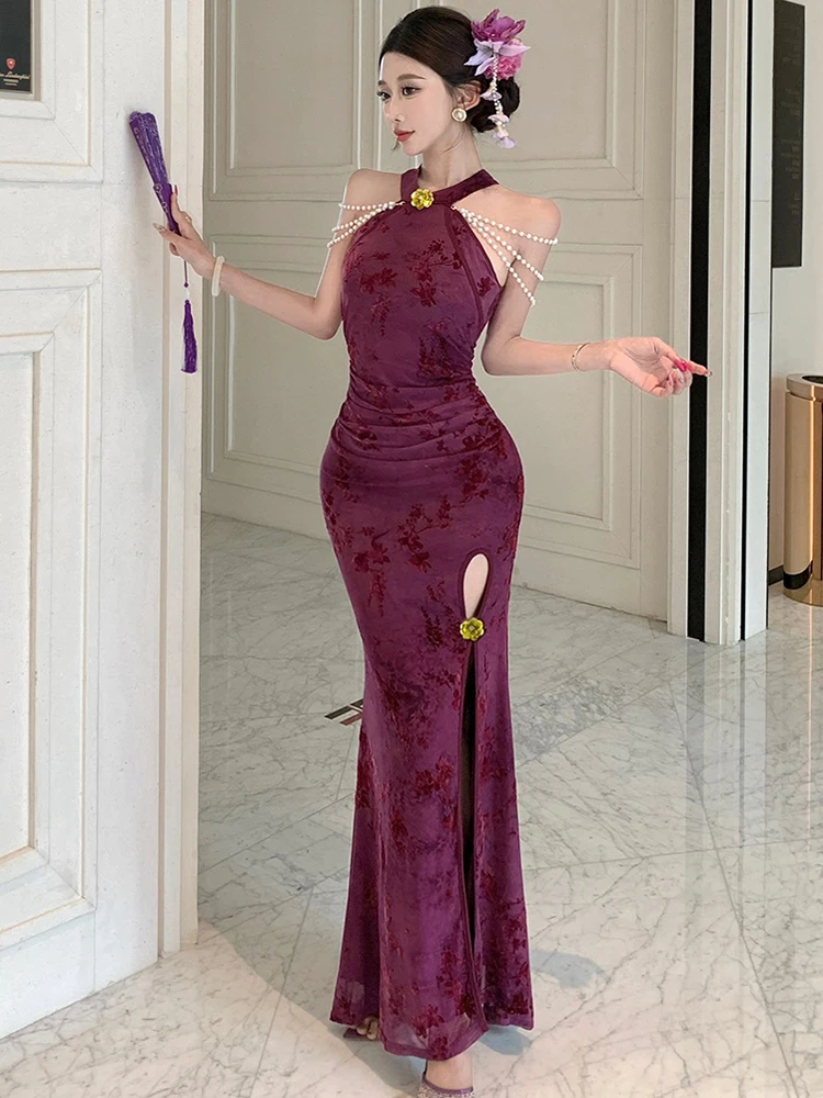 Robe longue en maille violette, motif Floral floqué, mode d'été, Chic, perles, col monté, Sexy, élégante, robe de soirée de luxe, 2025