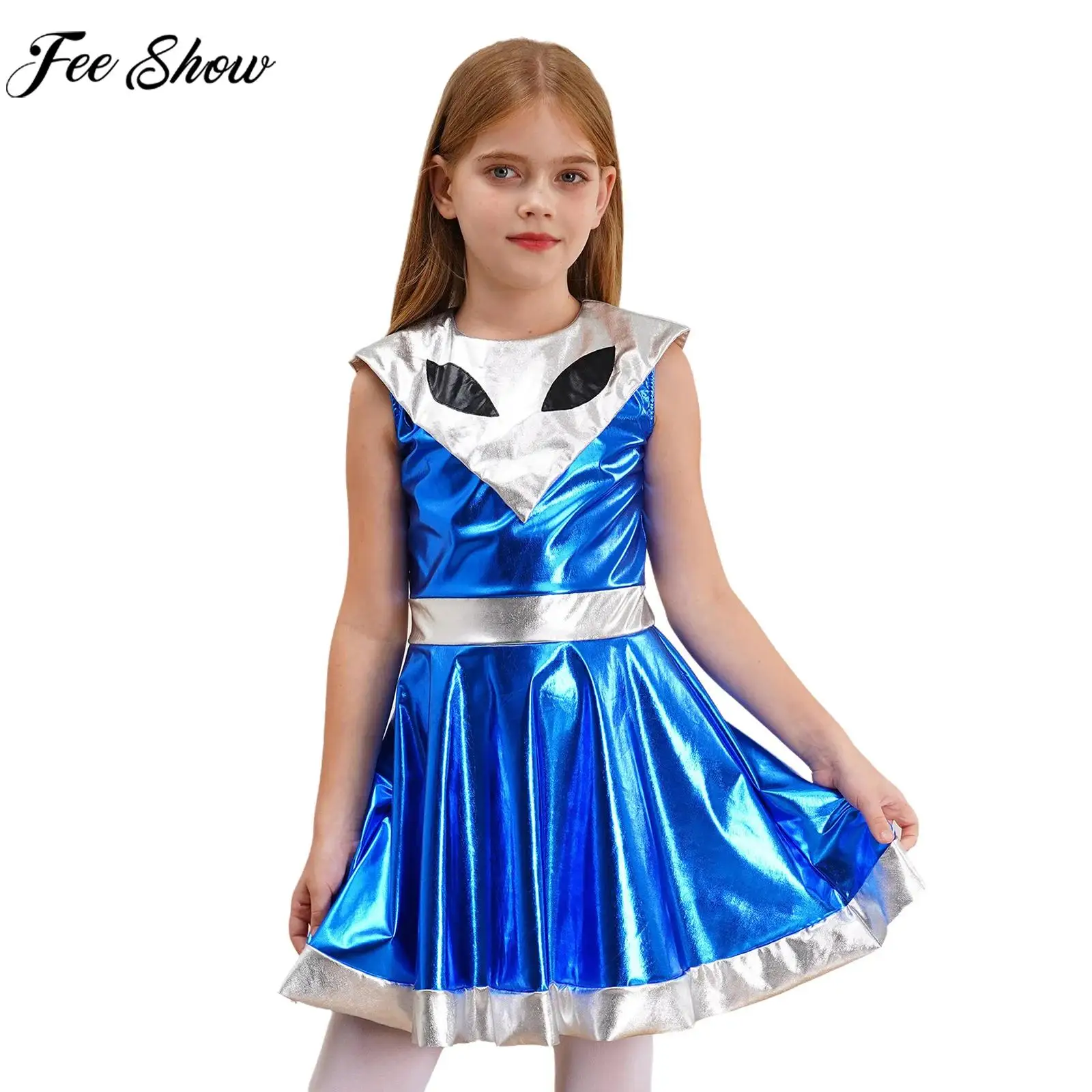 Kids Girl Halloween Outer Space Alien Cosplay Dress Theme Party Role Play Costume Sleeveless Contrast Color Metallic Shiny Dress