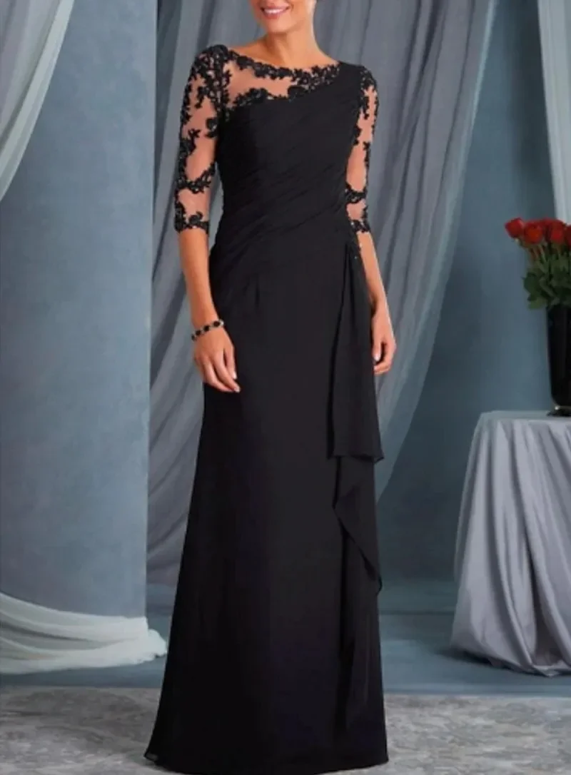 

2026 Черное платье трапециевидной формы для матери невесты, большие размеры, с вырезом «бато», длиной до пола, шифоновое кружевное платье с короткими рукавами, свадебное платье