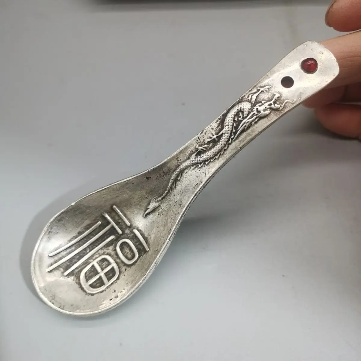 

Antique Collection, Xizang Silver Handmade Dragon and Phoenix Fushou Spoon Old Silver Spoon Carving,