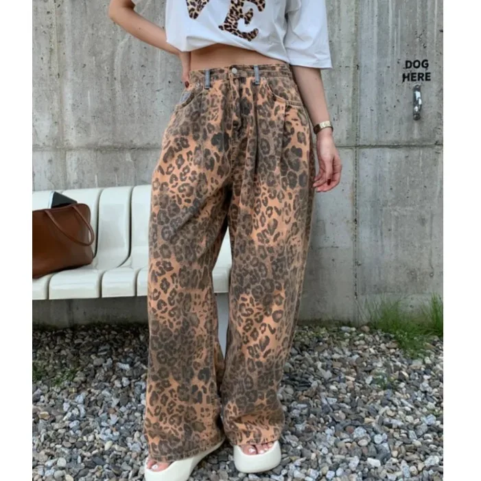 

High Waist Wide Leg Leopard Print Jeans Women's Early Autumn Chic Retro Patchwork Button Versatile Casual Denim Pants