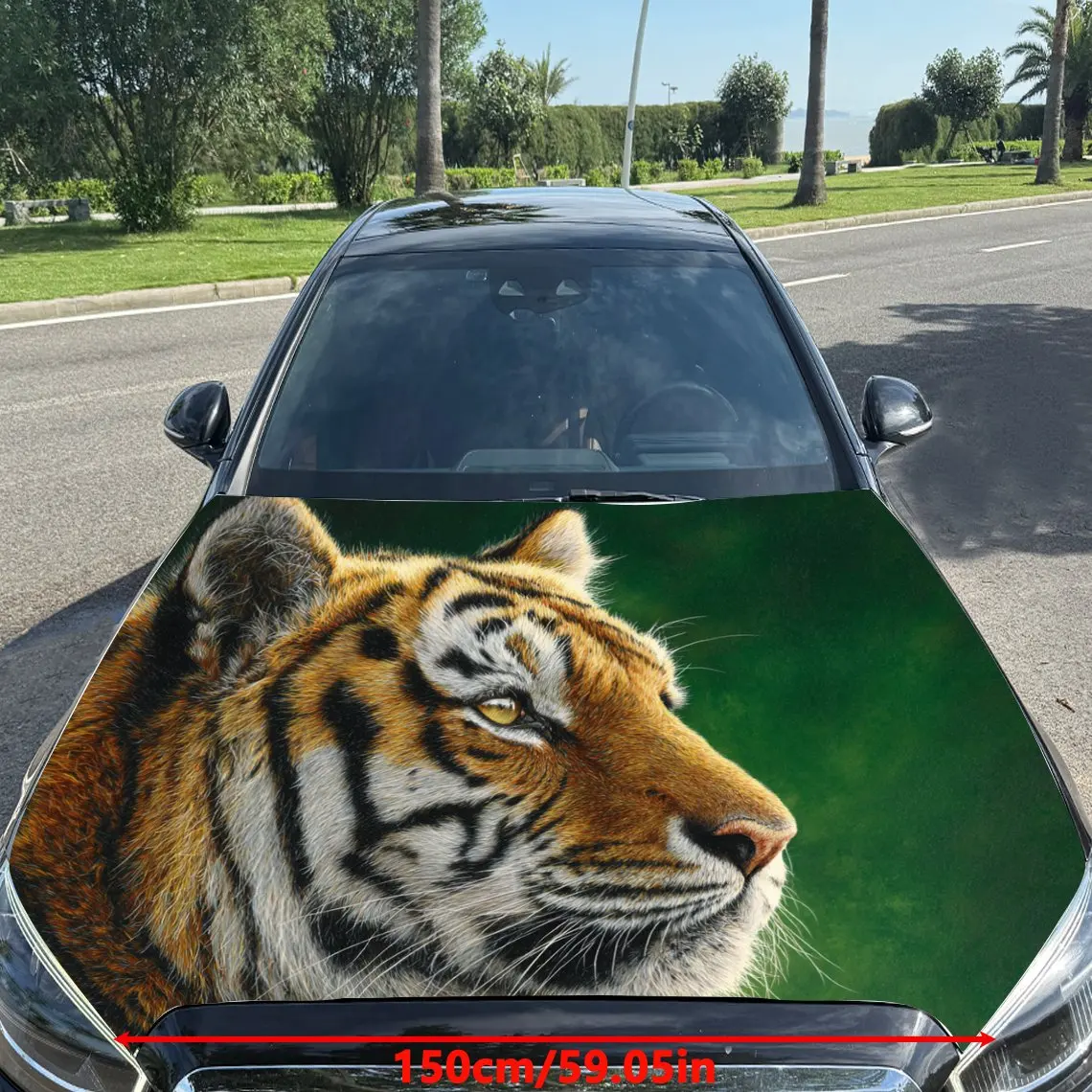 ملصقات سيارة على شكل نمر مع مظهر واقعي وحيوي مقابل ملصق غطاء السيارة بخلفية خضراء، مقاوم للماء ذاتي اللصق من الفينيل