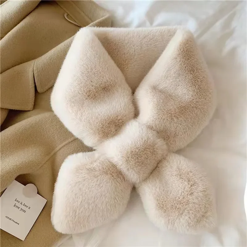 

2021 new scarf Korea lady style solid color warm imitation rabbit fur cross scarf plush fur collar fake collar