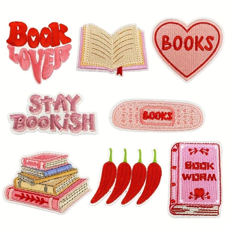 Gestickte Aufnäher für Buchliebhaber – Aufbügel- und Aufnäher mit Buchmotiv zum Aufbügeln und Aufnähen mit „Bücherliebhaber“ und „STEINBÜCHER“-Sätzen, Chilischote