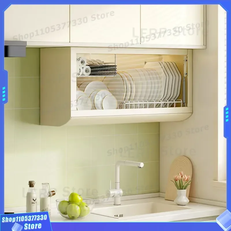 Wall Mounted Kitchen Dish Rack with Glass Door Storage Cabinet No Drilling Required for Modern Home Organization and Space