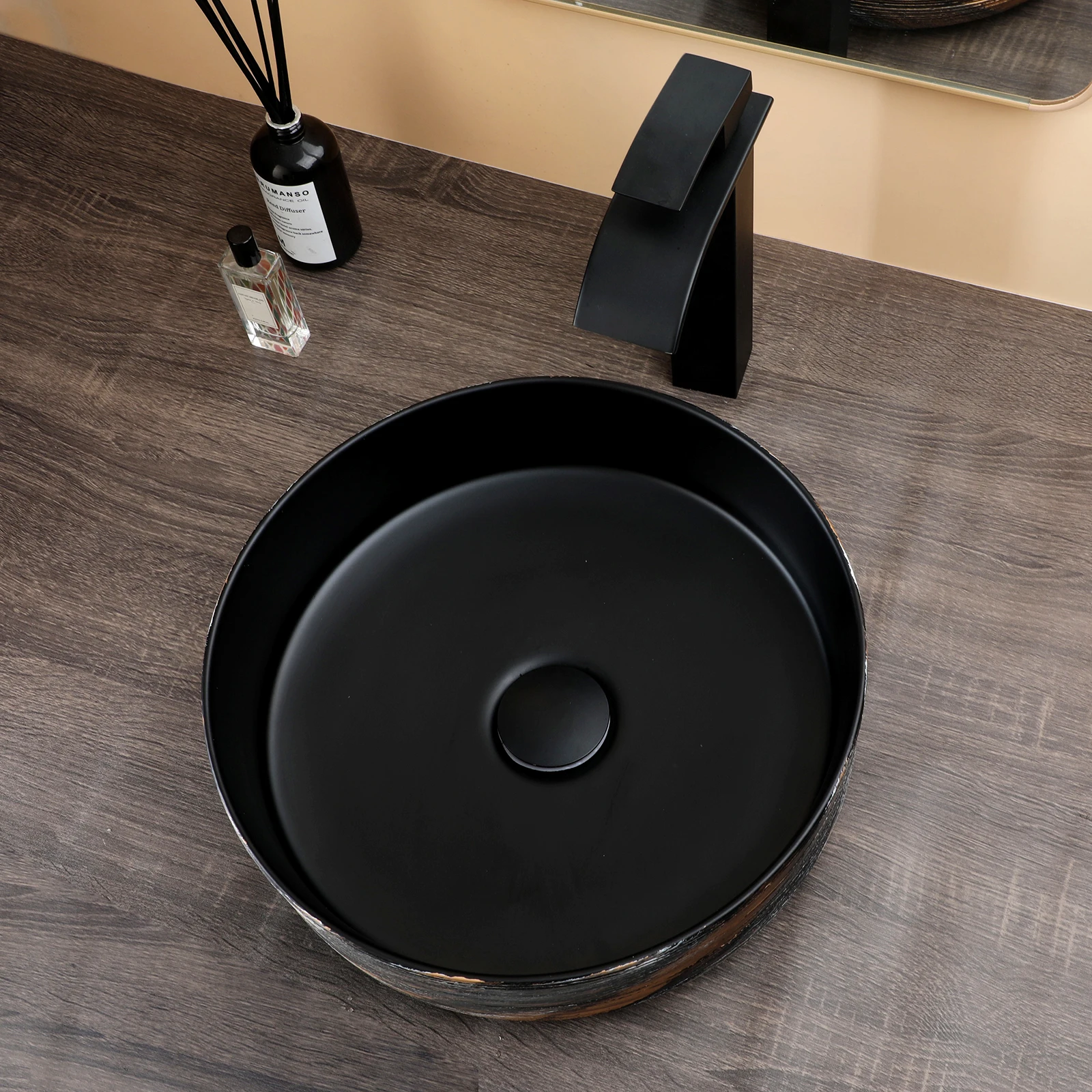 ZAPPO Ceramic Vessel Sink with Faucet Combo Black and Gold Round Above Counter Bathroom Sink for Bathrooms 14 inch