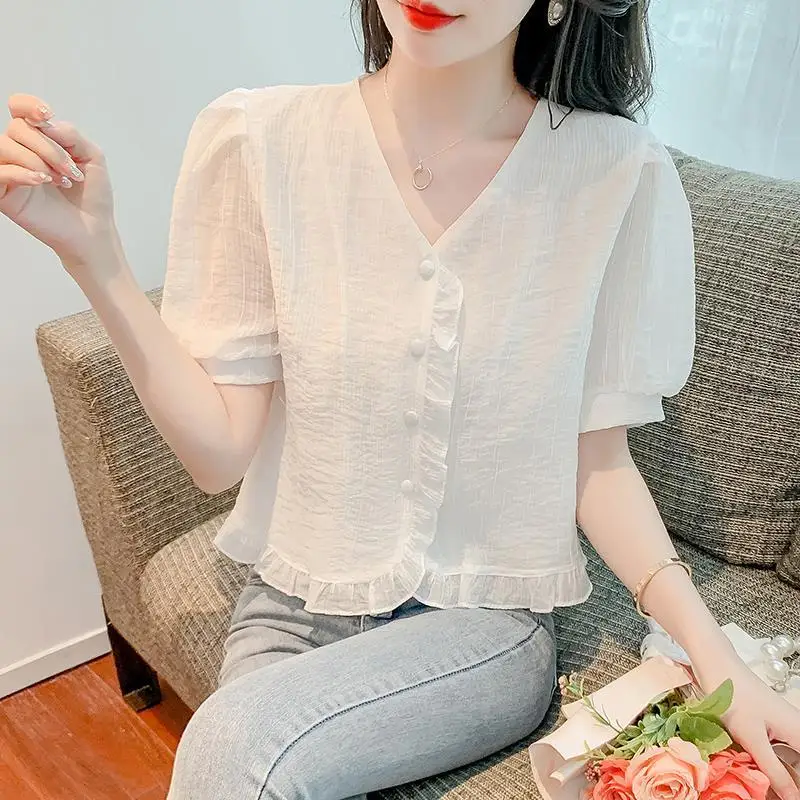 Elegant V-Neck Solid Color Spliced Ruffles Puff Sleeve Shirt Women\'s Clothing 2023 Spring New Casual Tops All-match Sweet Blouse