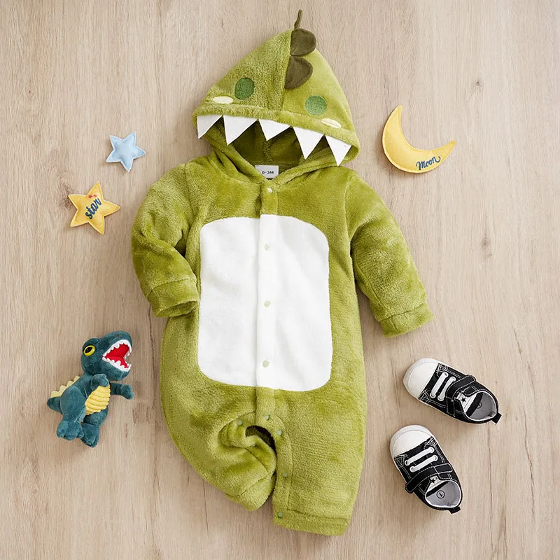 

Newborn Boy And Girl Cute Card Flannel Dinosaur Contrasting Color Hooded Casual Autumn And Winter Long Sleeved Green Jumpsuit