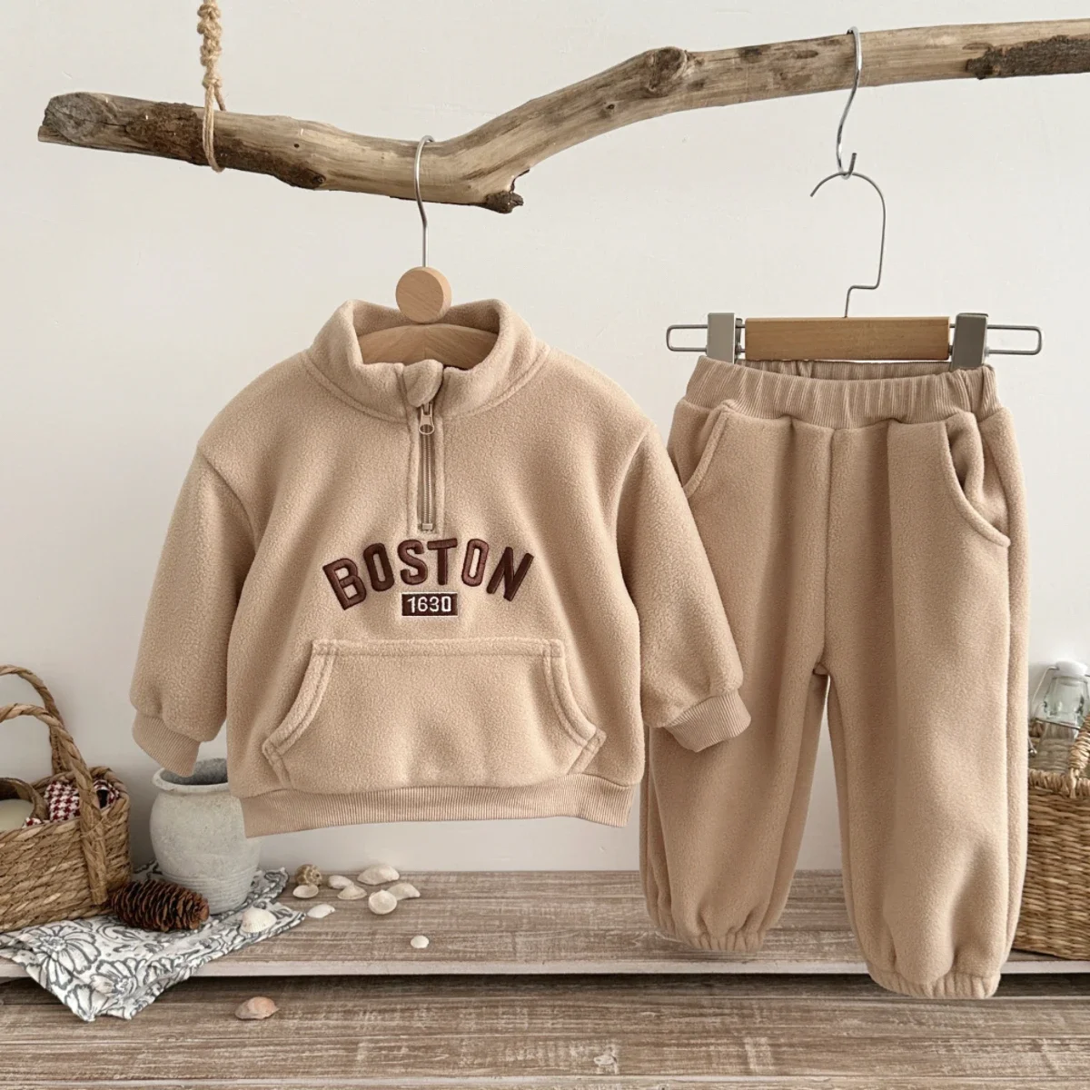 Kids Warm Fleece Tracksuit, Boston Embroidery Half Zip Pullover + Cuffed Pants, Soft Unisex Clothing Set