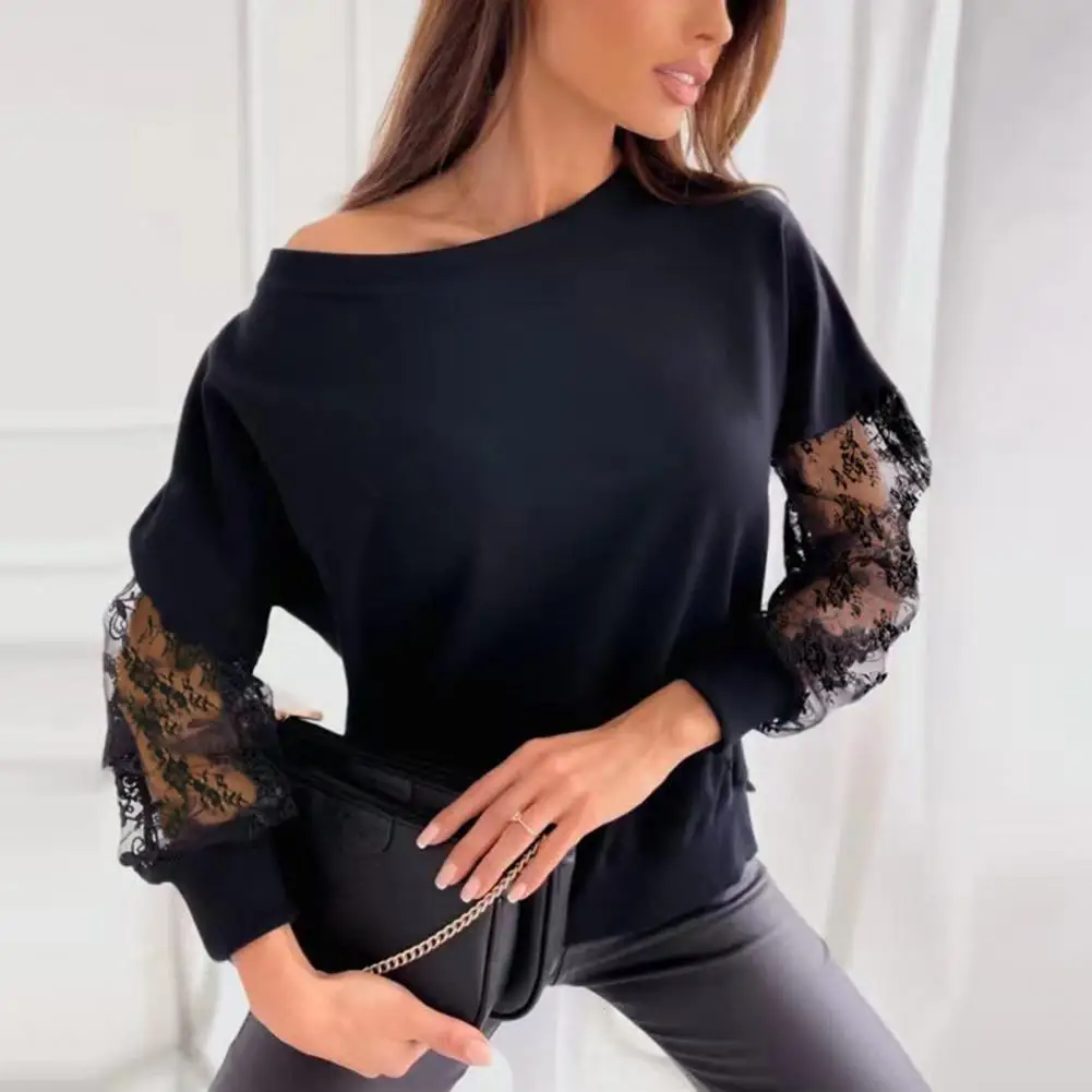 Blusa de Um Ombro Feminina com Flor Bordada, Camisa Cor Sólida, Retalhos de Renda, Pulôver Macio, Elegante, Ol