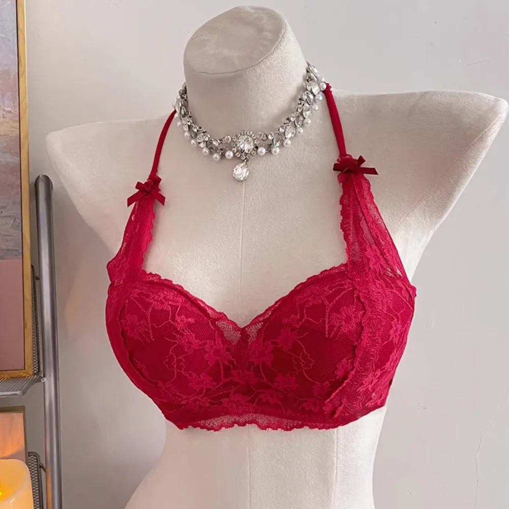 セクシーな BANERDANNI Wireless Bow Lace Halter Bra Padded Push Up Soft Brassiere Lingerie No Underwire Small Bust Daily Wear  32-38