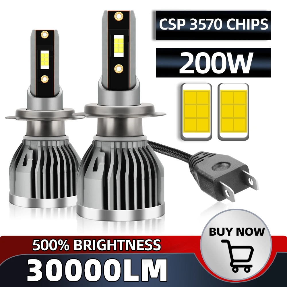 

200W H7 LED Car Headlight H4 H11 Bulb 9012 H3 H1 H8 H9 9005 9006 HB3 HB4 9007 9008 H13 9004 Auto Turbo CSP Lamps 6500K 6000K 12V