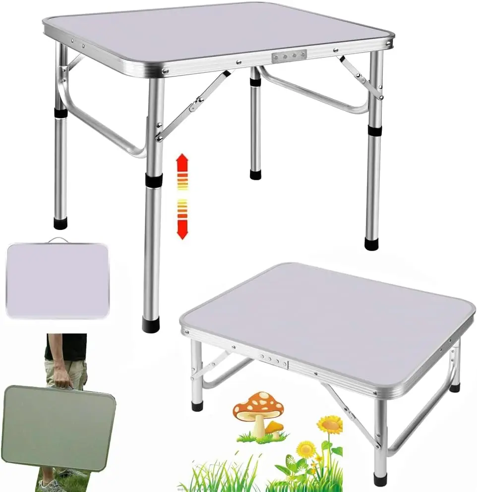 Mini table de camping pliante, cadre en aluminium léger portable avec poignée de transport et hauteur réglable, pour pique-nique en plein air, balcon
