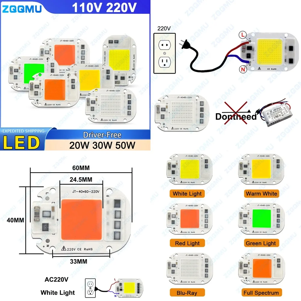 

20W 30W 50W AC110V 220V Бесплатный драйвер RGB Полный спектр Розовый COB Светодиодный чип Высоковольтный источник света для поверхностного монтажа для лампы для выращивания