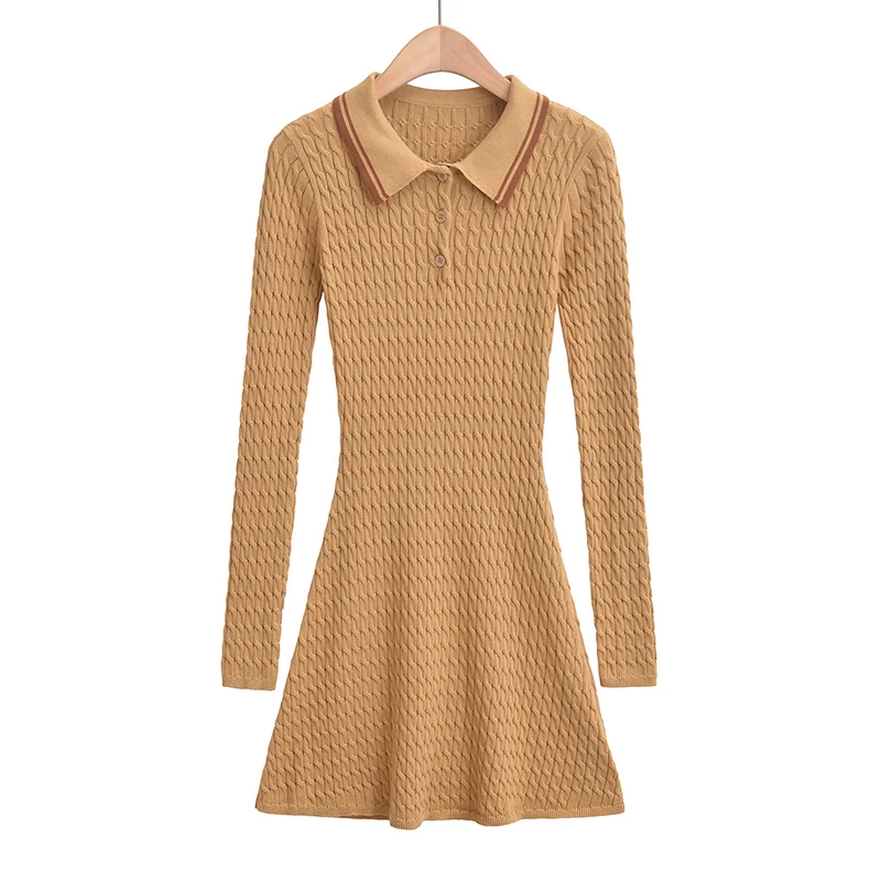 2024 Preppy Style POLO Collar Lapel Full Sleeve Knitted Twist Sweater Dress Women Skinny Slim Fit Low Waist A-lined Short Robe