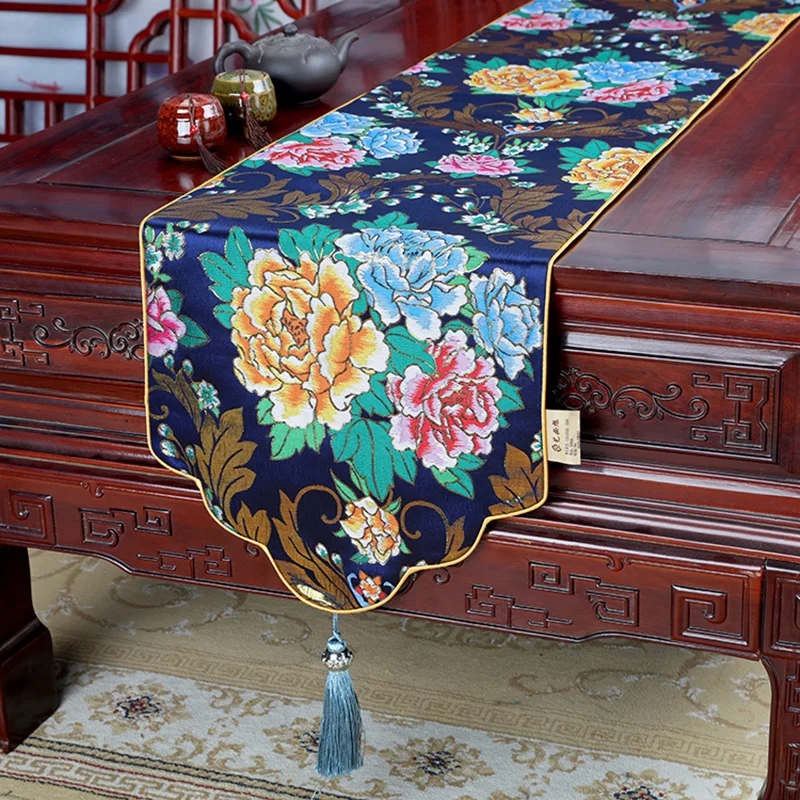 Custom Luxury Peony Flower Silk Yun Brocade Table Runner,  Table Home Decor, Chinese style, Thicken Tea Coffee Tablecloths