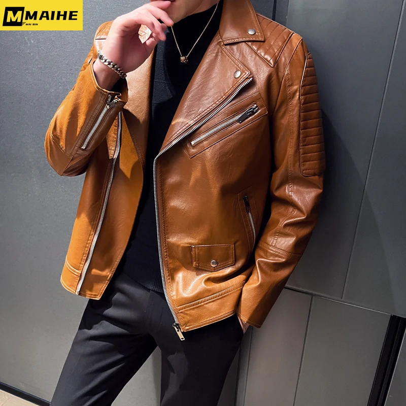 

leather Jacket Men's Winter Diagonal Zipper Motorcycle Pu Leather Coat Men's Retro Brown Short Leather Jacket Men's Clothing