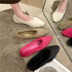 Fashion Pointed Toe Fur Ballet Flat Woman Winter Warm Plush Shallow Loafer Ladies Concise Furry Heeled Dress Shoes Zapatos Mujer