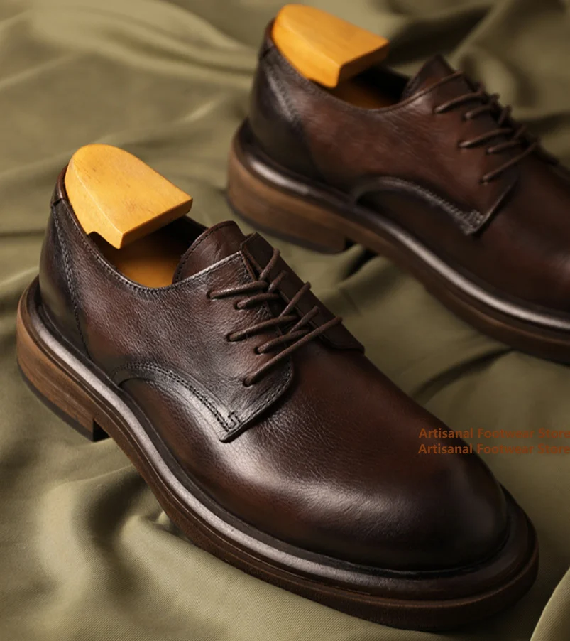 

Thick Soled Derby Shoes British Style Genuine Leather Round Toe Casual Leather Shoes Height Increasing Wedding Shoes for Men
