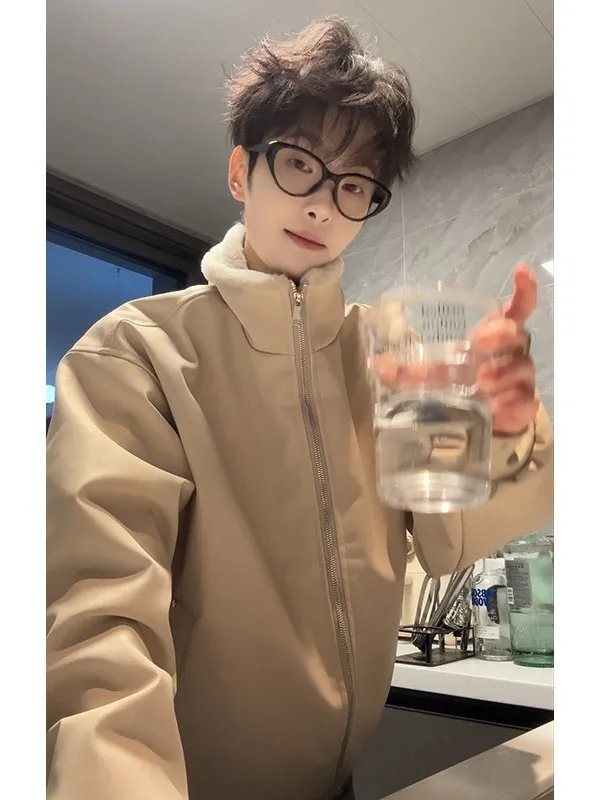 

Thiened Double-sided Tie-dye Mink Cotton Jaet Men Winter Warm Stand Collar Zipper Closure Casual Cleanfit Polyester Fiber