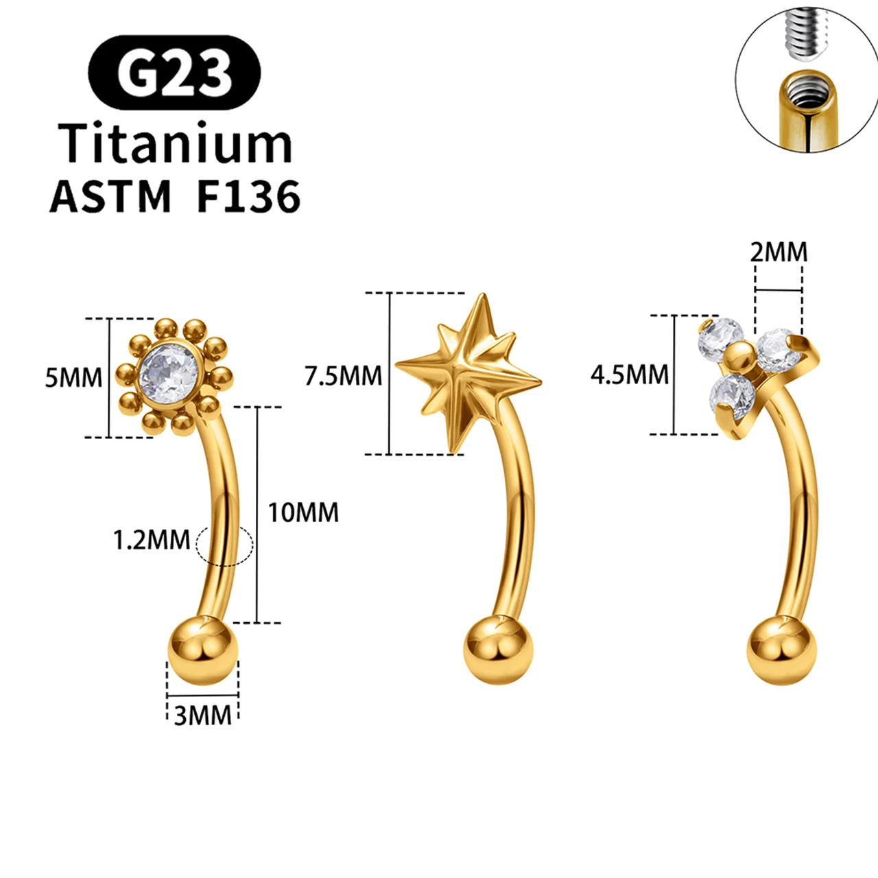 ASTM F136 Titanium Hexagram Rook Earring Curved Barbell Belly Rings 16G CZ Internal Thread Eyebrow Ring Body Piercing Jewelry view 6