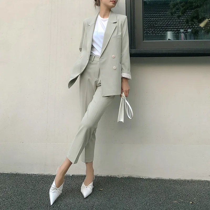 Light Green Jacket Suit for Women Ladies Winter Spring Vintage Blazer and Pants Set Y2k Clothes Office OL Style Coat Outfit 2024