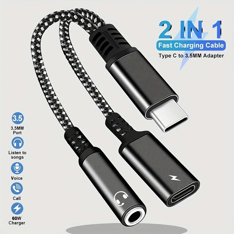 PD 60W Fast USB Type C to 3.5mm Headphone and Charger Adapter 2-in-1 USB C to AUX Audio Jack Dongle Cable For iphone 16 Samsung