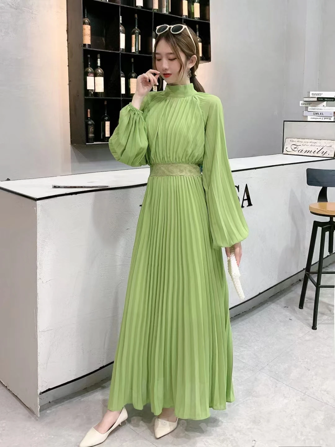 2023 New Spring Autumn Women Stand Collar Long Sleeve Slim Long Dress High Quality Perspective Lace Patchwork Pleated Maxi Dress