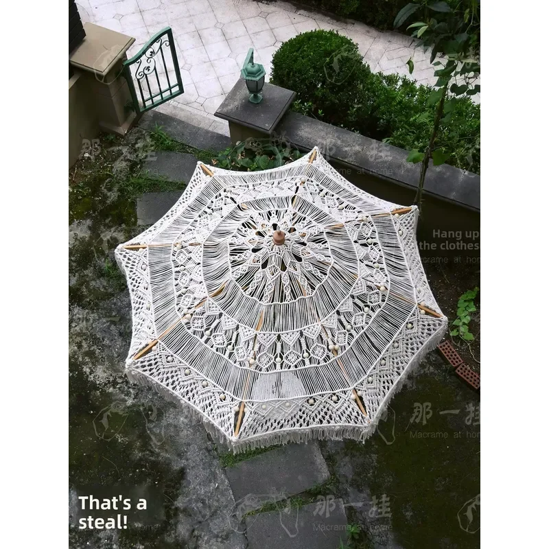 Handmade Foldable Lightweight Aluminum Woven Fabric Decorative Sunshade Umbrella Boho Style Outdoor Furniture for Courtyard