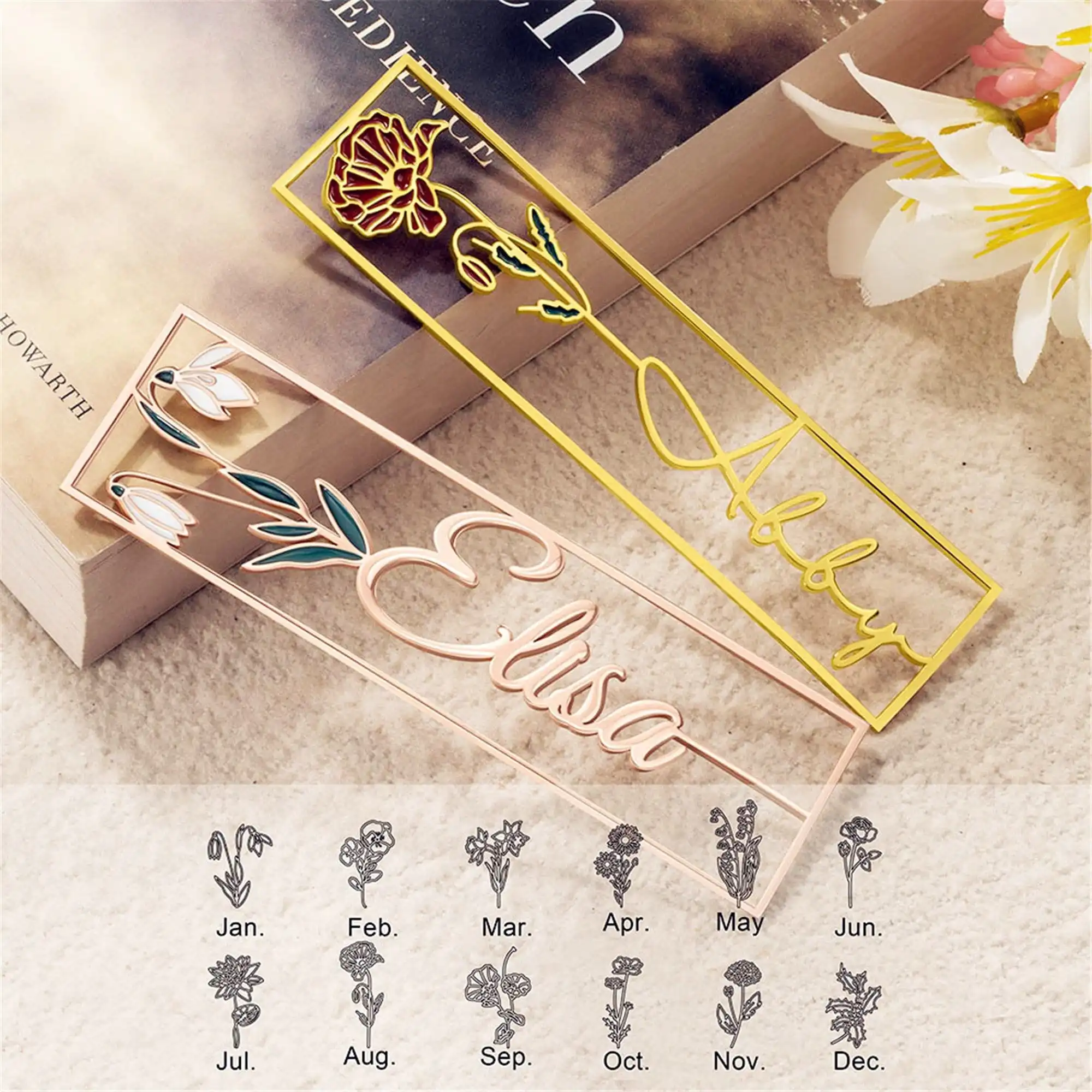 Custom Birthflower Name Bookmark Personalized Colorful Birthday Flower with Name Stainless Steel Bookmark Women Jewelry Memorial