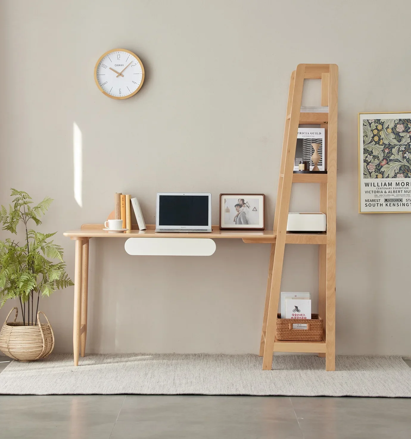 

Hot Sales Natural Wood Color Light Luxury Desk With Shelves Solid Beech Wood Study Desk