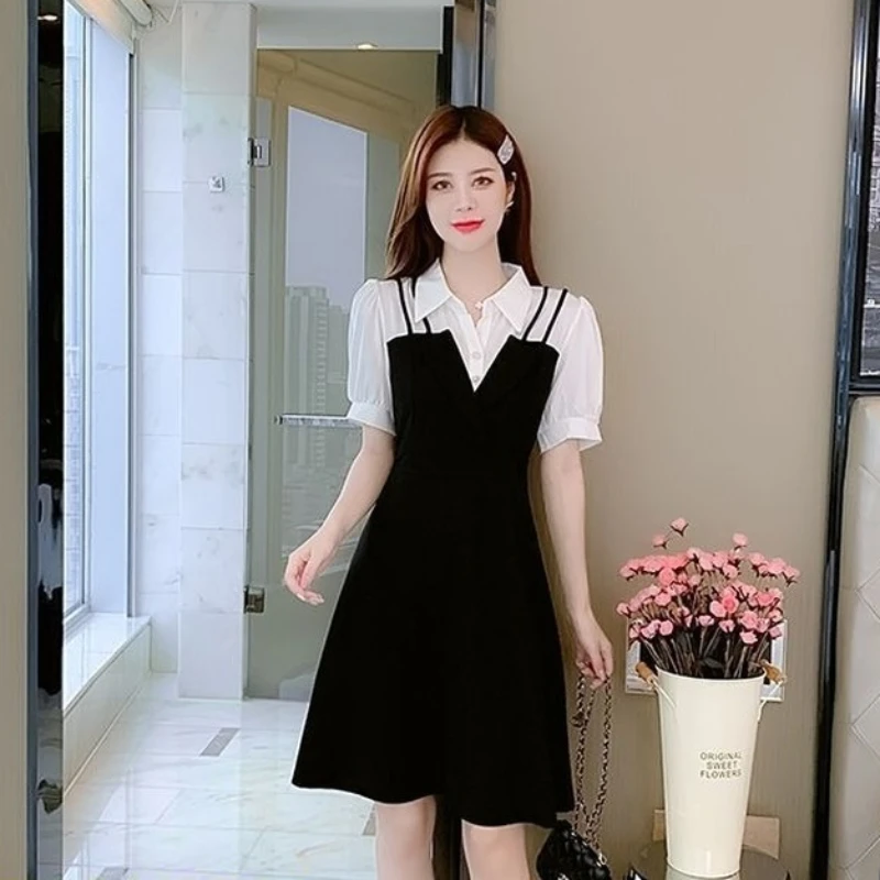 Splicing Black Woman Dress Dresses for Women 2024 Clothes Short Mini Fashion Summer X New Features of Cotton Trendy Korean Style