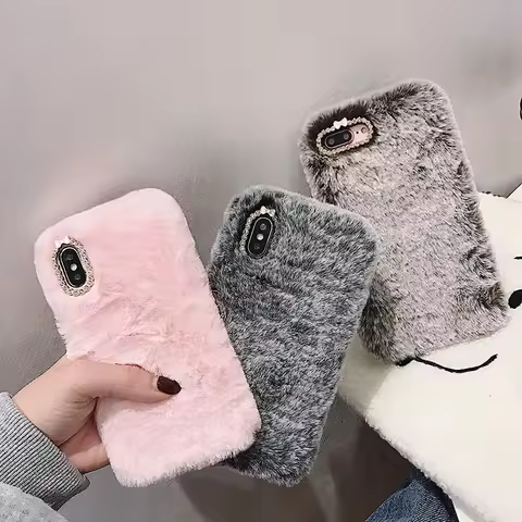 Cute Winter Warm Fluffy Fur Plush Case For iPhone 16 14 Pro Max 11 13 PRO X XS XR SE 2 8 7 6 Plus 5 4 Luxury Glitter Phone Cover