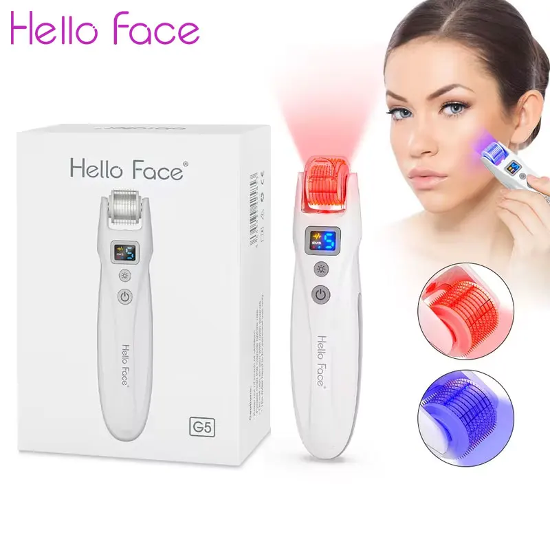 Hello Face Derma Roller G5 with 2pcs Titanium Roller Head 540 Needle EMS Led Red Blue Light Therapy Microcurrent Device