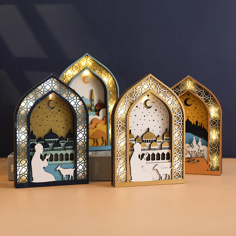 

Eid Mubark Wooden Ornaments LED Moon Mosque Night Light Ramadan Kareem Home Decor Eid Al-Fitr Gift Islamic Muslim Party Decor