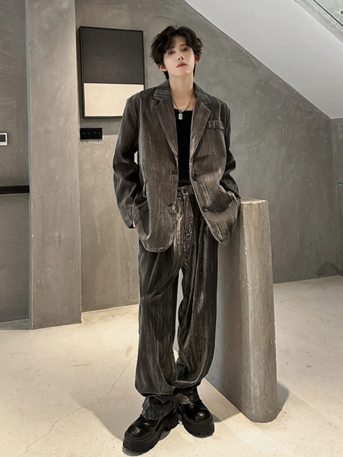 

Velvet Men's Suit Set Casual Loose Fit Two-Piece Faionable Autumn Winter New Sle Streetwear round Hem Single Slit Ba